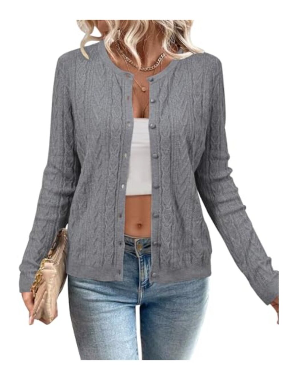 Cable Knit Button Down Crew Neck Cardigan Sweater